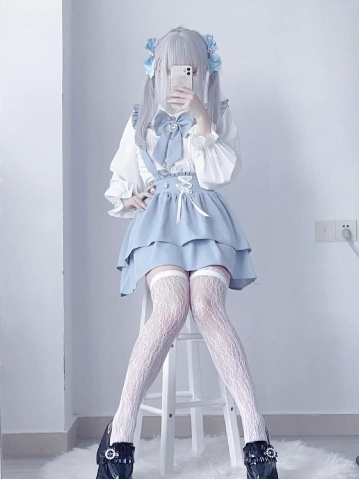 Jirai Kei White Blouse Lace-up Suspender Skirt 21838:760772