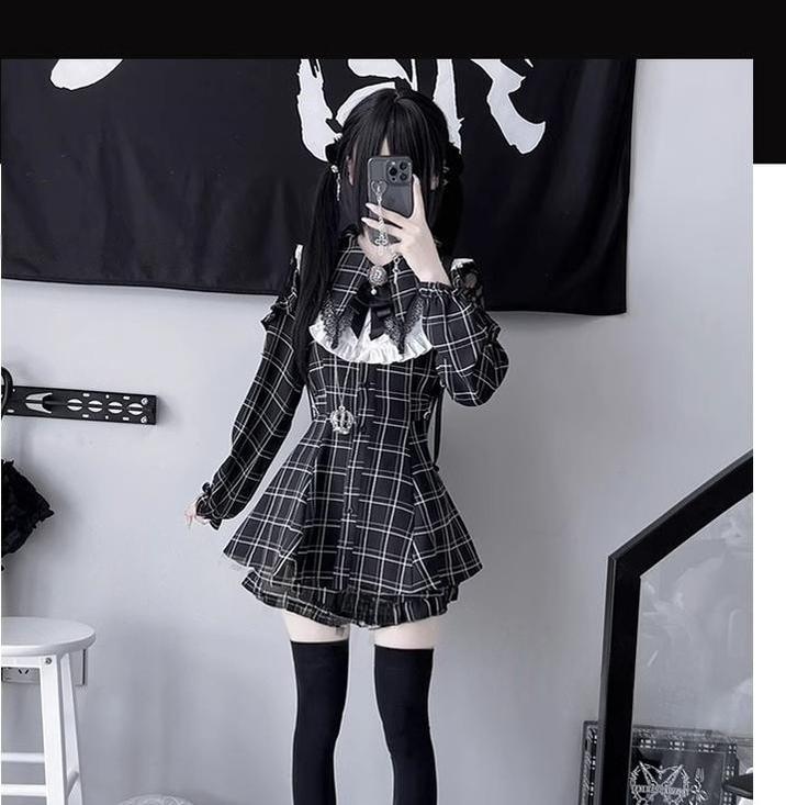 Jirai Kei Dress Set Black Plaid Dress With Puritan Collar 39506:760374