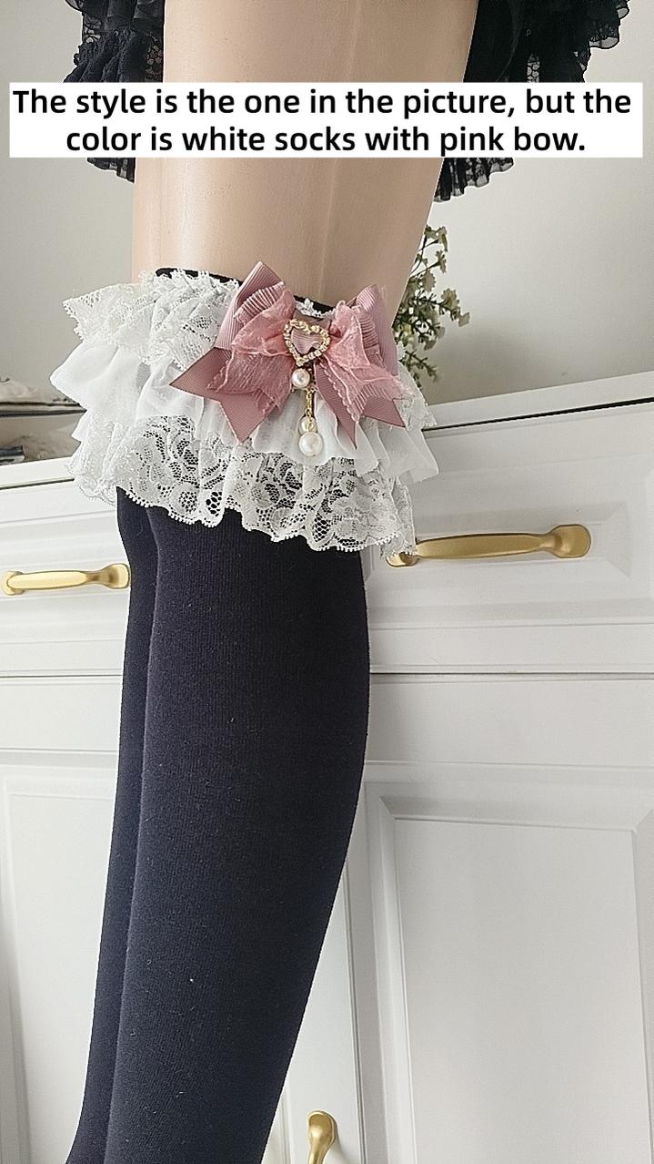 Jirai Kei Mid Length Cotton Socks, Bows and Pearls 44121:797912