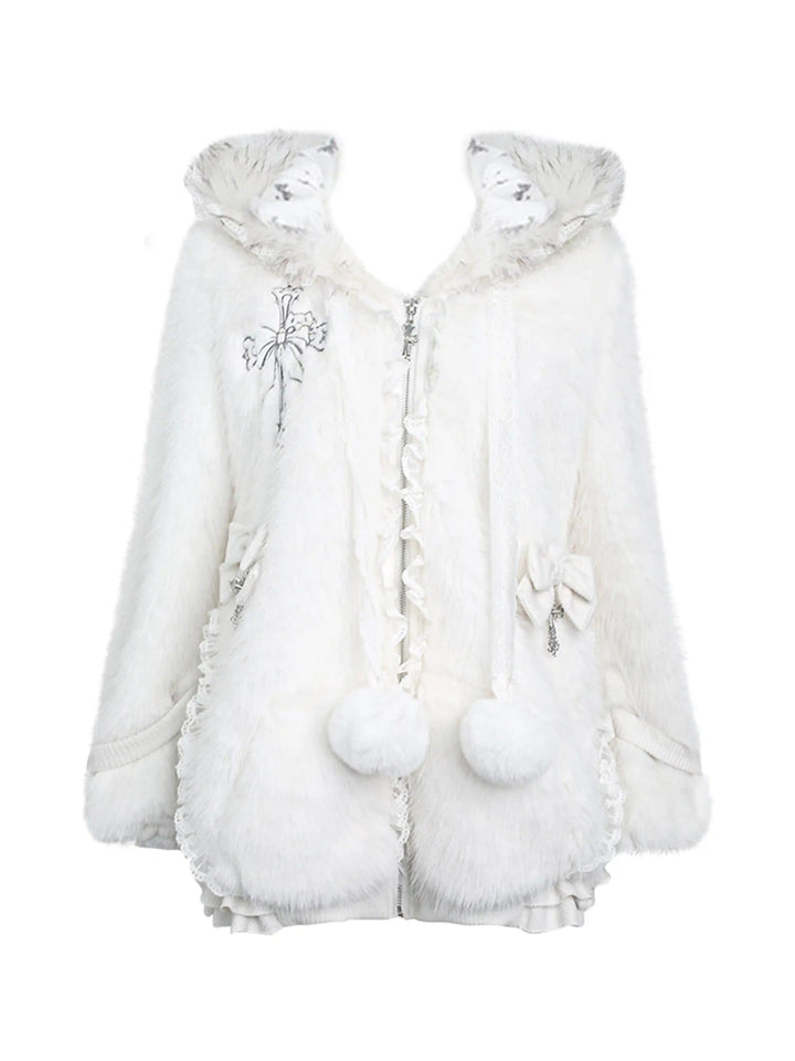 Subculture Winter Coat White Plush Cat Ear Coat And Tiered Skirt (M S XS) 41122:692086