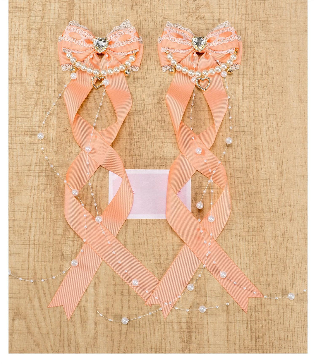 Jirai Kei Bow Hair Clip, Heart Rhinestone, Pearl Chain, Lace Trim (Pair) 43501:778535