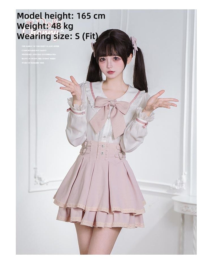 Jirai Kei Outfit A-Line Skirt and Long-Sleeved Blouse with Rhinestone Bow 42520:744284