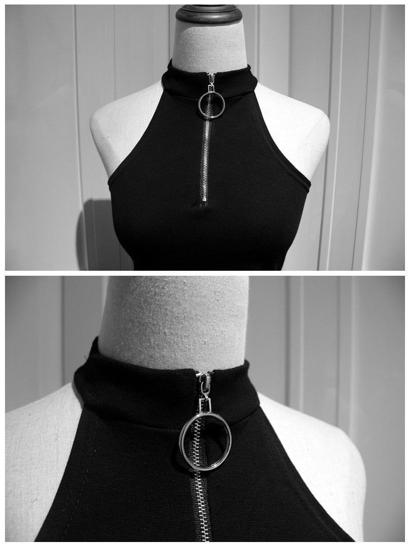 Gothic Style Crop Top High Neck Zipper Sleeveless Shirt 37474:560750