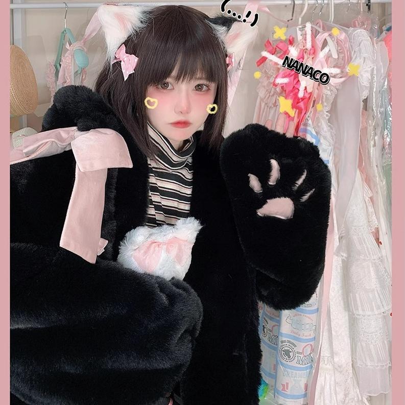 Jirai Kei White Black Plush Coat Lolita Kawaii Cat Fleece Coat 32404:385958