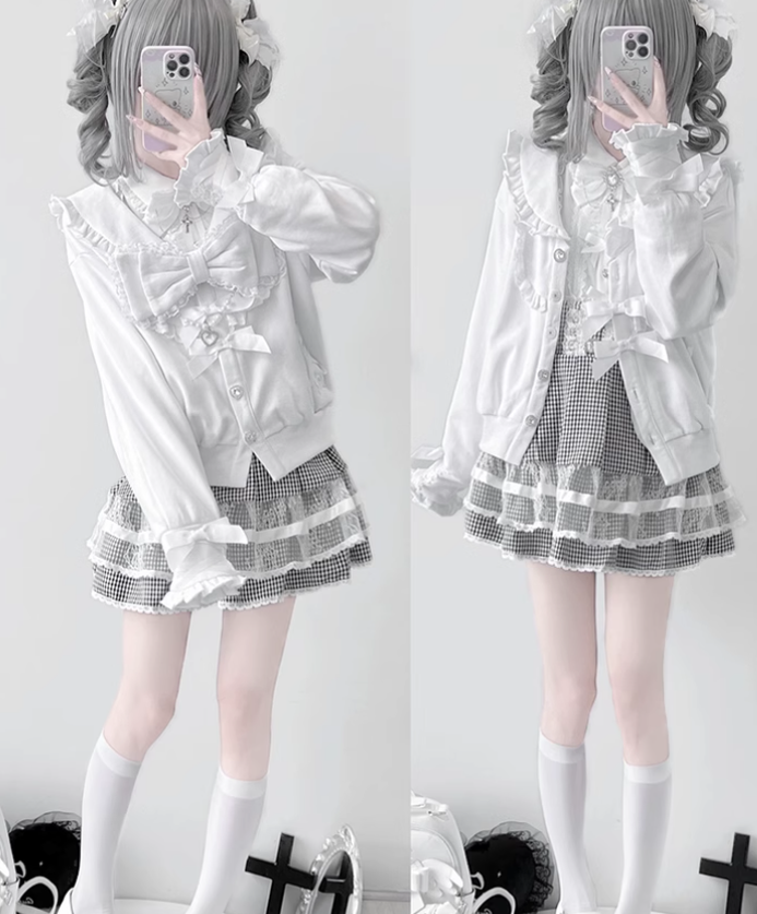 Jirai Kei Jacket Sailor Collar Coat With Lace Bow and Peal Chain 42148:730704