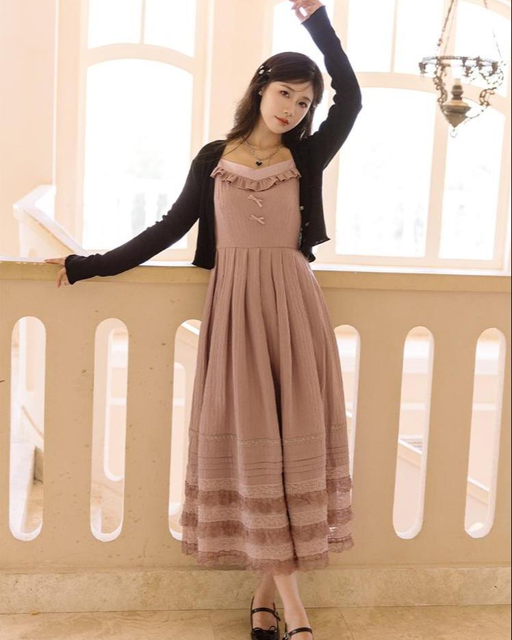 Mori Kei Strap Dress V-neck Dress With Multiple colors 36210:524194 36210:524194