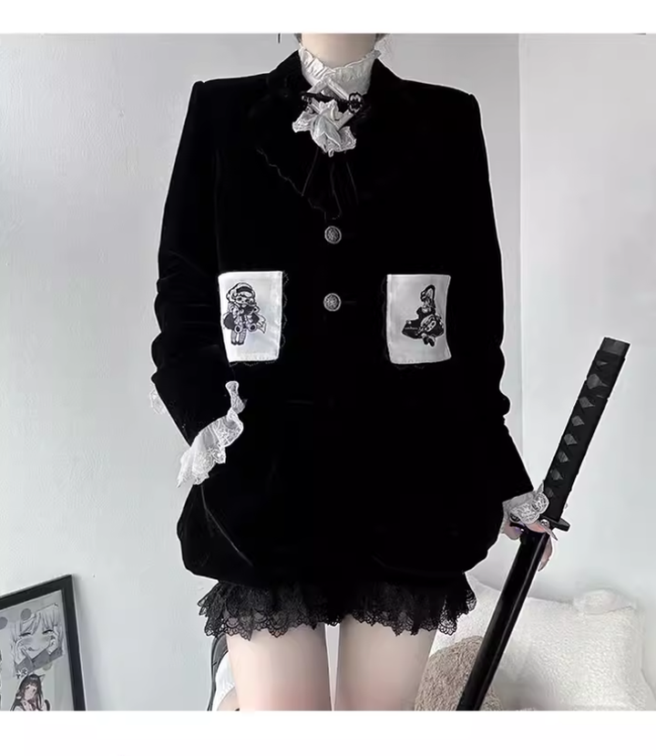 Ouji Lolita Prince Outfit Set Black Skirt Velvet Shorts Set 39368:631976