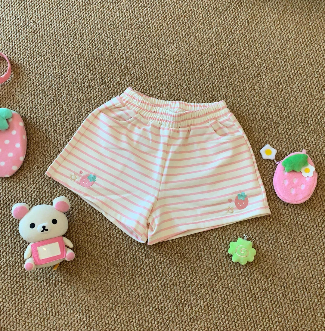 Summer Kawaii Striped Shorts, Strawberry Embroidery (L M S) 45641:856708