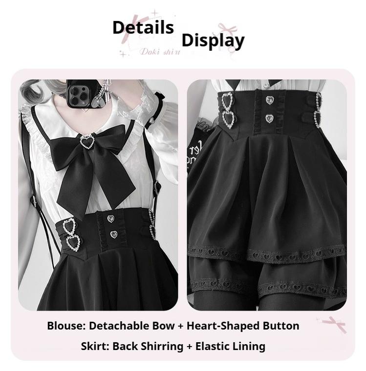 Jirai Kei Outfit A-Line Skirt and Long-Sleeved Blouse with Rhinestone Bow 42520:744294