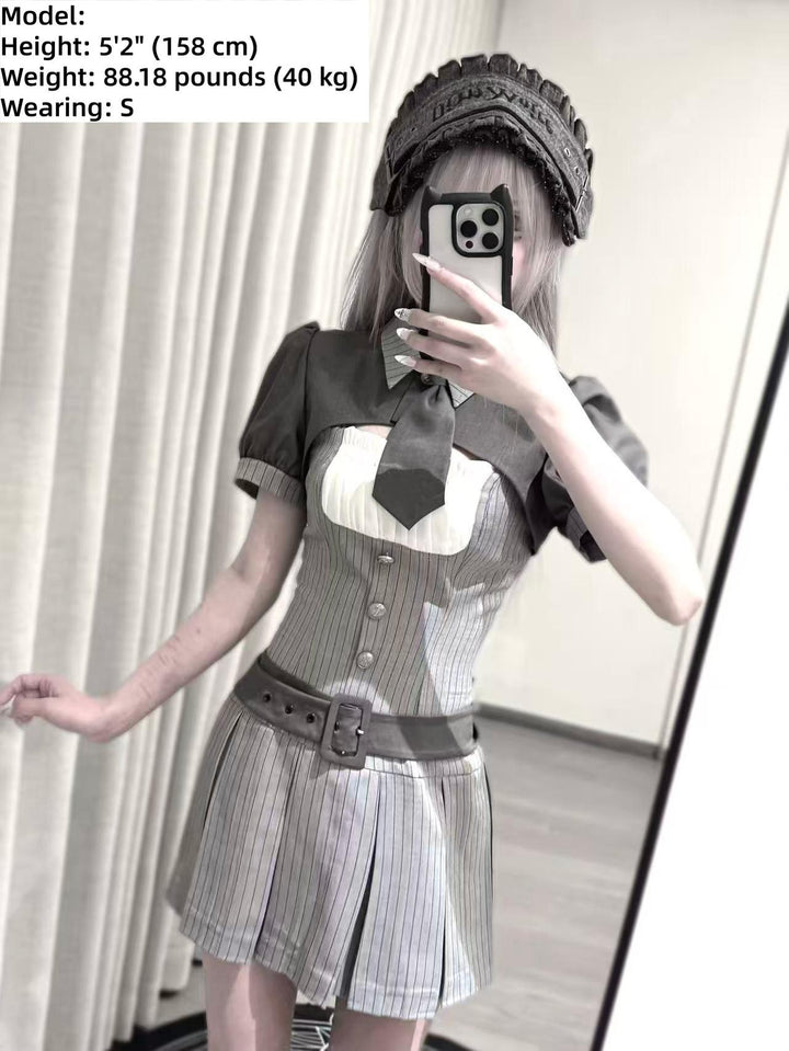 Jirai Kei Gray Striped Dress, Puff Sleeve Bolero 44808:829290