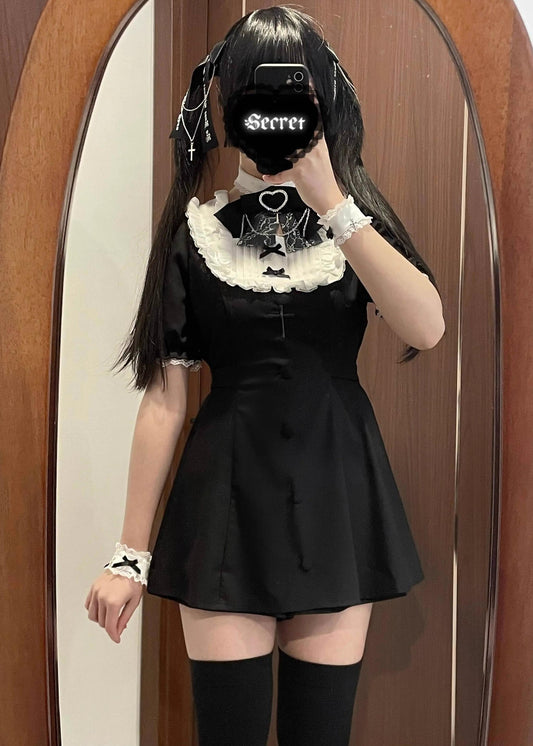 Jirai Kei Black Set Up Short-sleeved Lace Dress Set (2XL 3XL 4XL L M S XL XS) 35108:483304