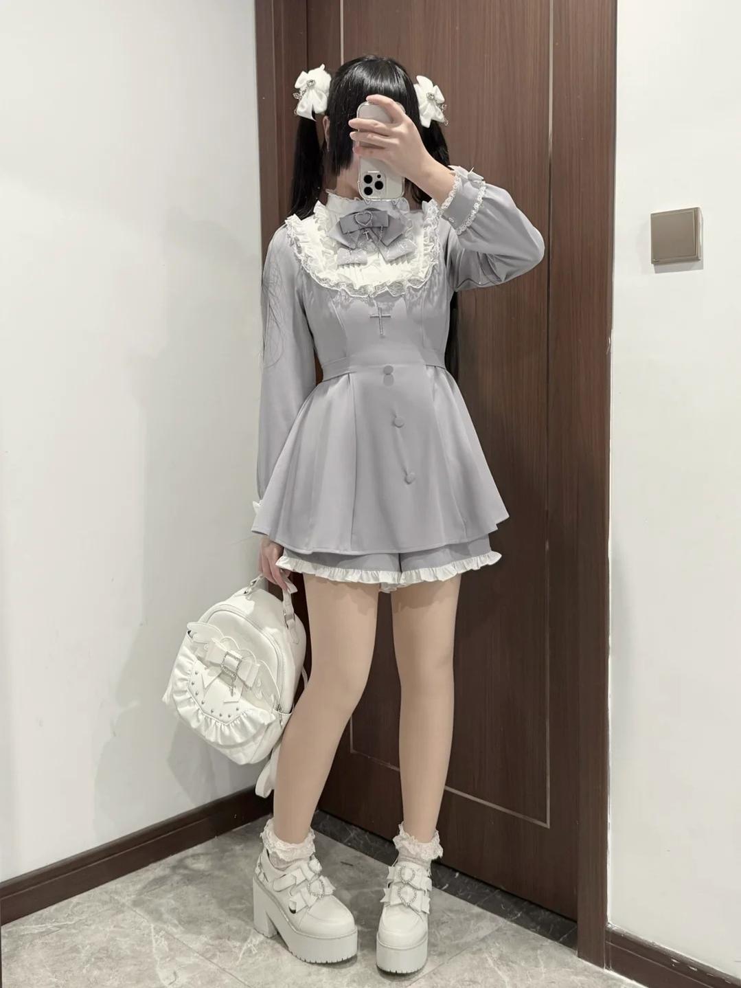 Jirai Kei Dress Set Long Sleeve Lace Dress And Shorts 41688:734054