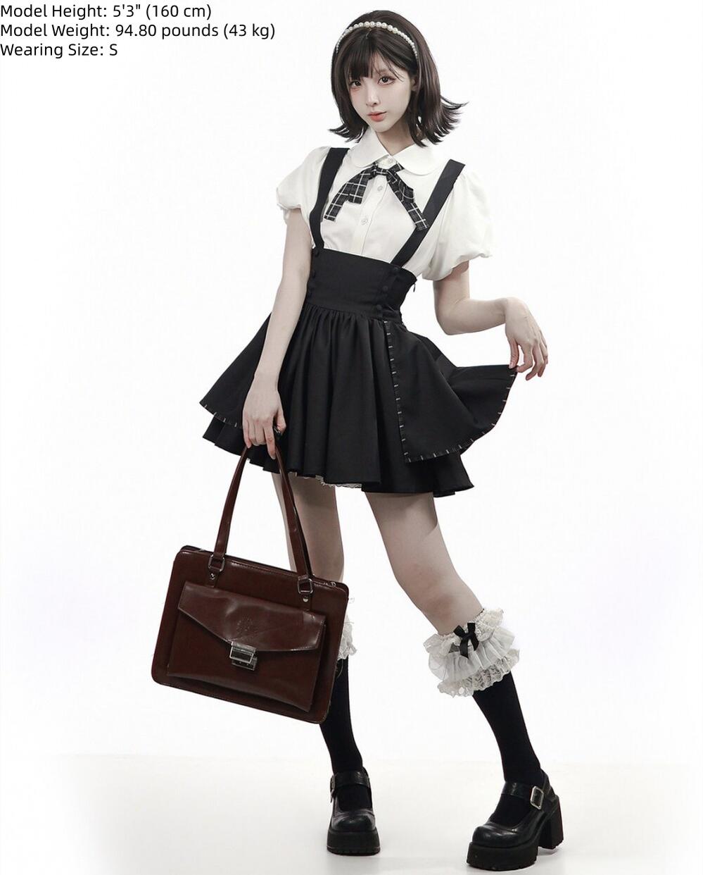 Academia Bubble Sleeve Blouse, Elastic Waist Suspender Skirt 45875:866416