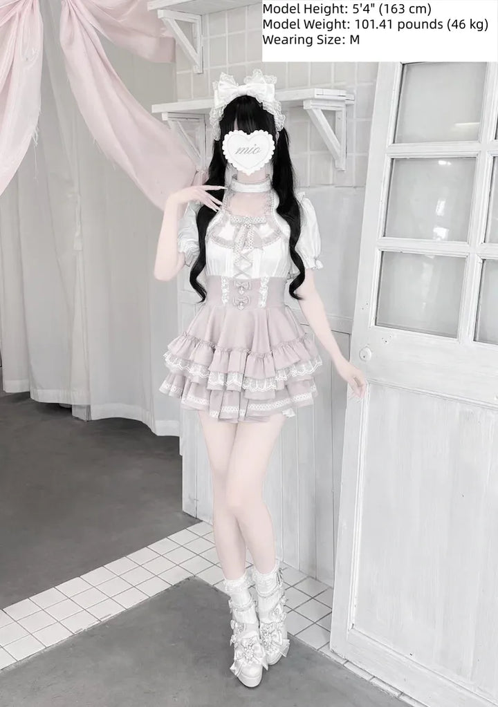 Jirai Kei Heart Lace Collar Blouse, High-waisted Tiered Skirt 45726:862777