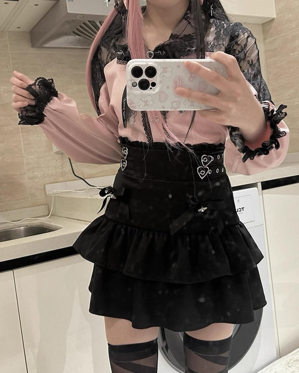 Jirai Kei Lace Shoulder Blouse + High-Waisted Tiered Skirt 43503:778813