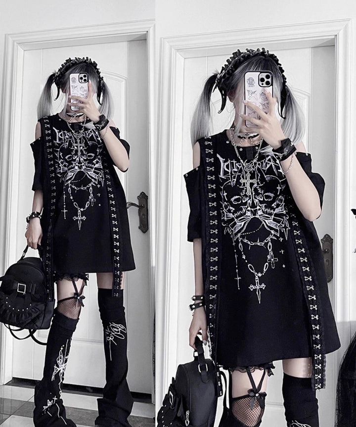 Open-Shoulder Subculture Cotton T-Shirt 43872:789429