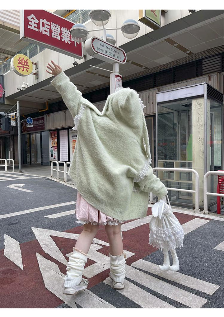 Kawaii Coat Sweater Bunny Ear Lace Knitted Hooded Cardigan 40338:665334