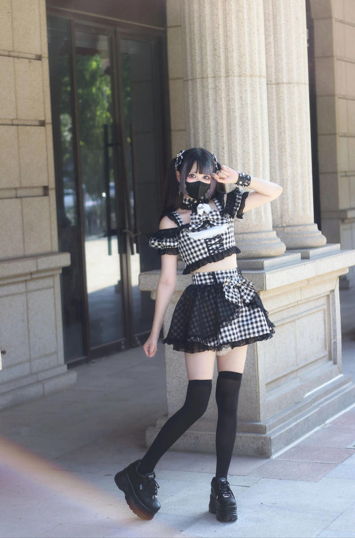 Plaid Stage Jirai Kei Outfit, Furry Bunny Ear Blouse, Skirt 43614:780920