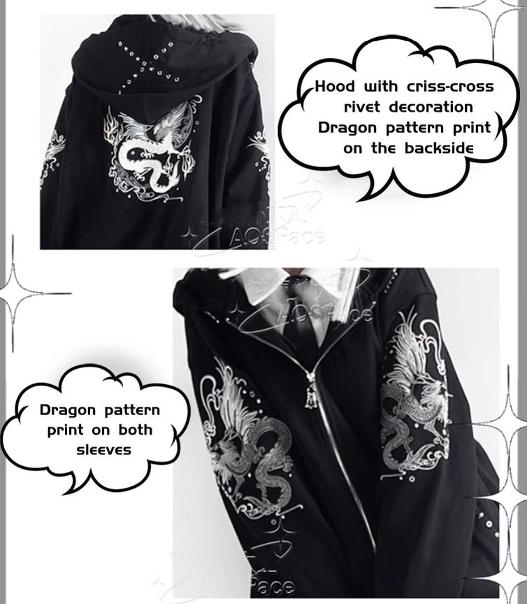 Subculture Black Coat Dragon Printed Hooded Jacket 38076:580610