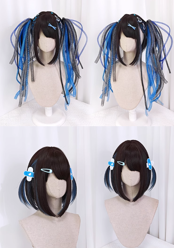 Jirai Kei Wig E-Butterfly Girl Blue Dark Brown Short Hair Wig 22044:367150 22044:367150