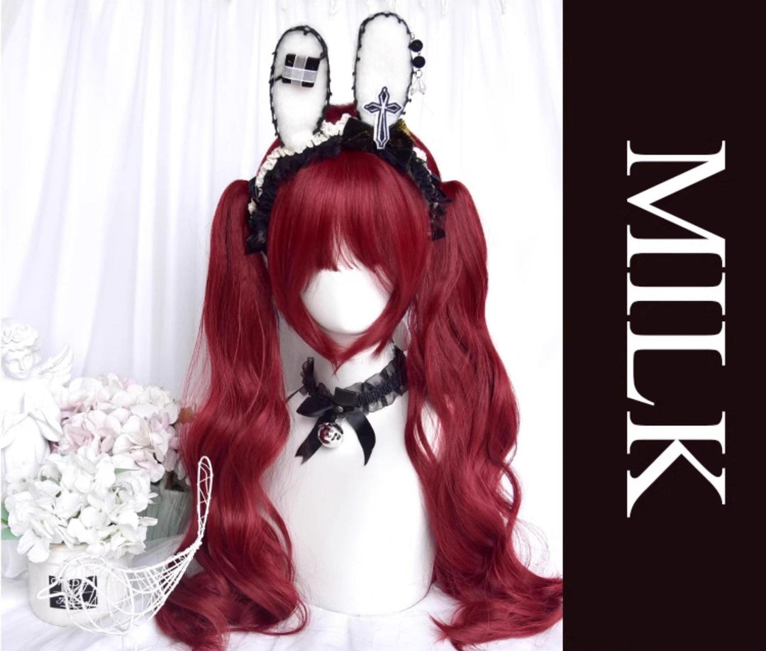 Gothic Lolita Wig Raspberry Red Claw Clip Double Ponyails 39354:640718