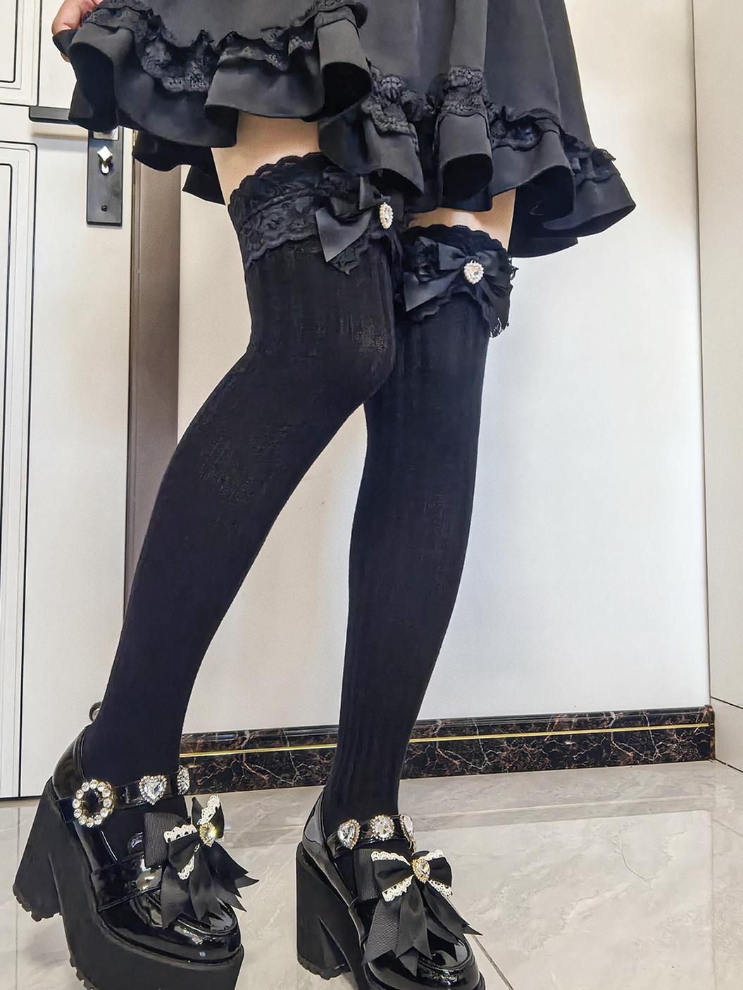Jirai Kei Over-the-Knee Knit Socks, Bow & Lace 46069:875521