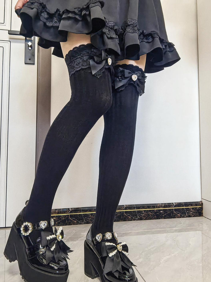 Jirai Kei Over-the-Knee Knit Socks, Bow & Lace 46069:875521