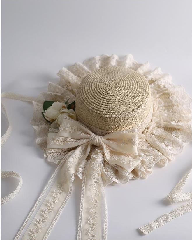 Mori Kei Sunhat Beige Country Lolita Hat With Lace Bow And Soft Straw 42247:734866