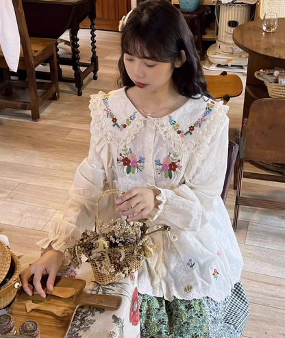 Mori Kei Blouse Flower Embroidery Shirt Anti-aging Top 36218:524766