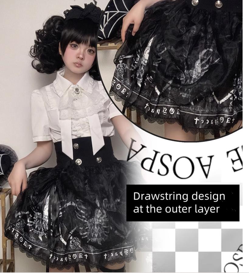 Black Lolita Skirt High-Waisted Print Skirt With Lace Trim 37562:563886