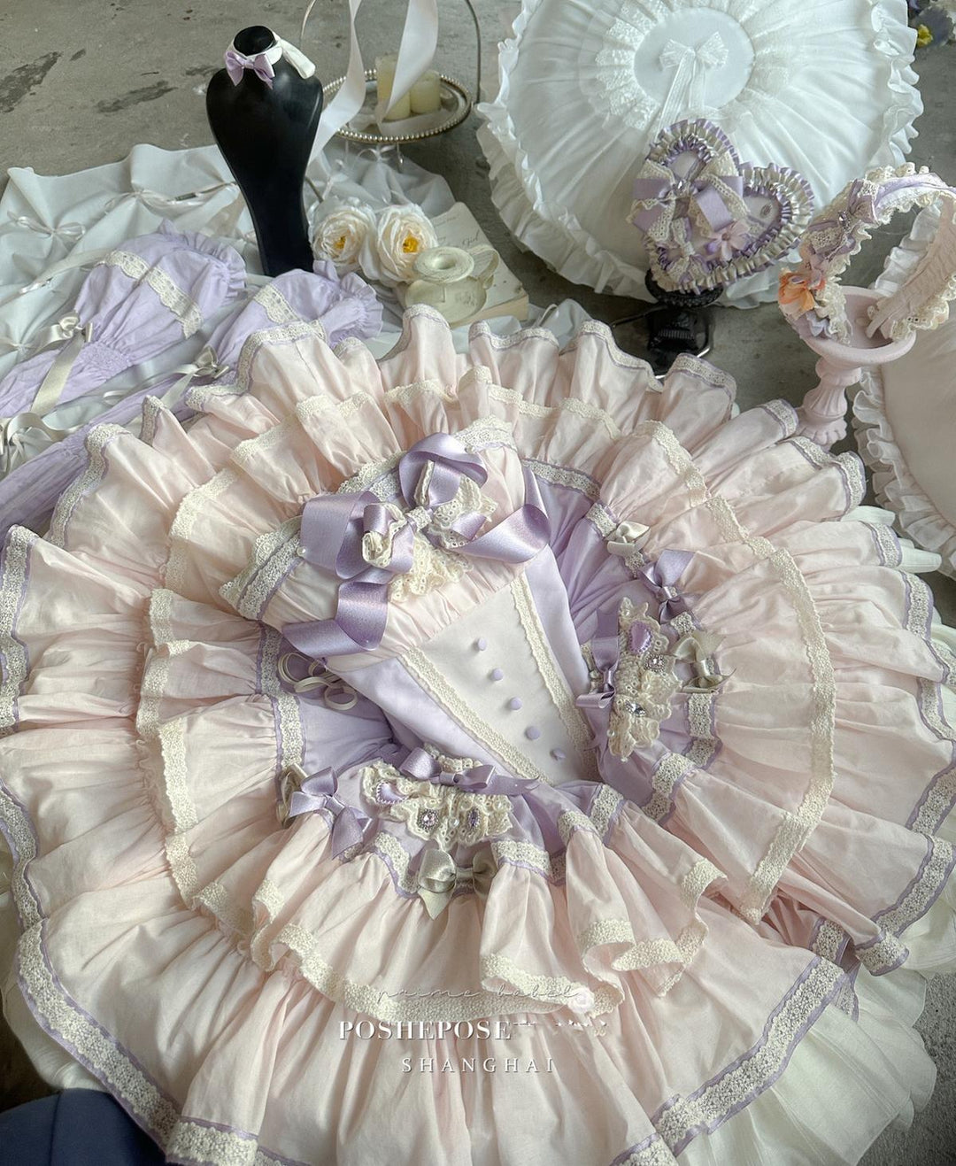 Lolita Dress Set Sweet Violet Pink Puffy Dress Corset Dress 36388:554886 36388:554886