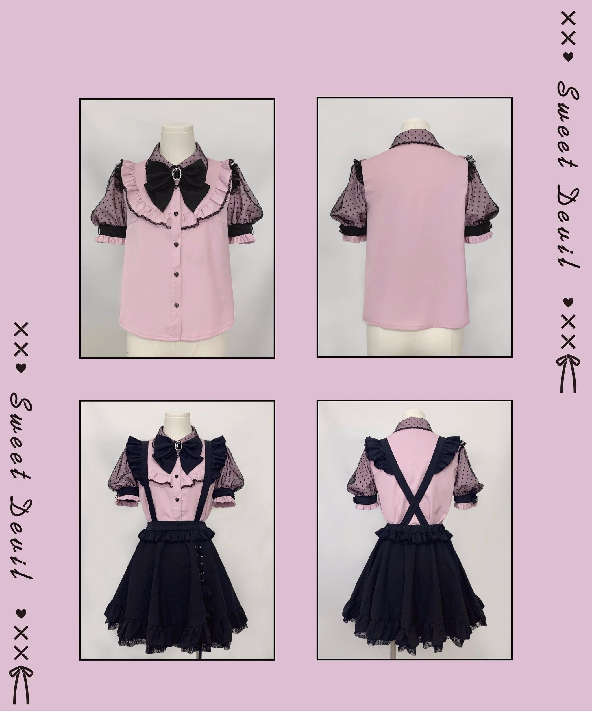 Jirai Kei Pink Blouse Black Lace Shirt Puffy Short Sleeves – Honey