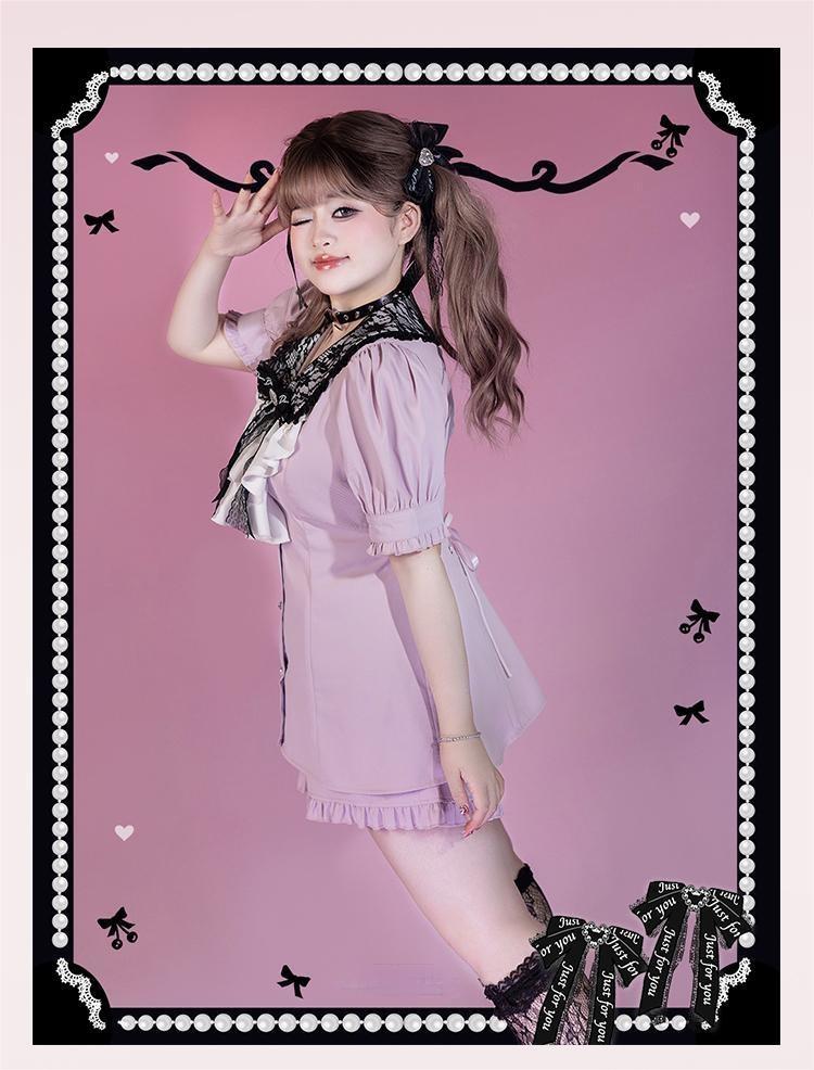 Plus Size Jirai Kei Blouse Short Sets Pink Black Full Set 21886:317324