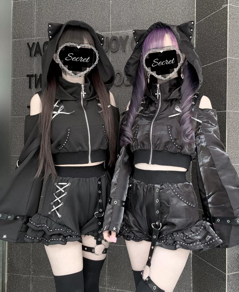 Gothic Hooded Crop Jacket & Shorts Set, Cat Ear 46064:874092