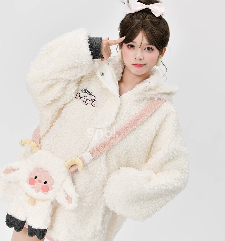 Mori Kei White Winter Jacket Little Sheep Fleece Coat 22696:328704 22696:328704