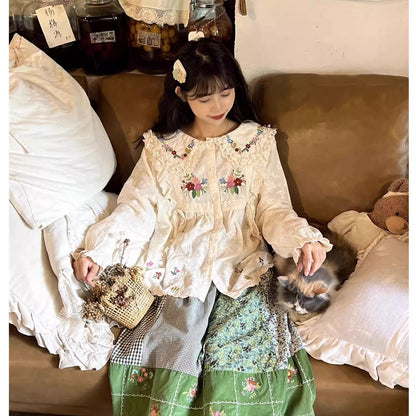 Mori Kei Skirt Green Floral Patchwork Skirt Vintage Skirt 36224:524912