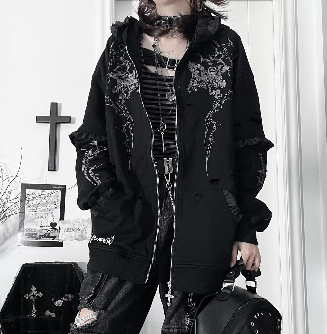 Punk Hooded Jacket, Ripped Details & Horse Embroidery 45939:871834