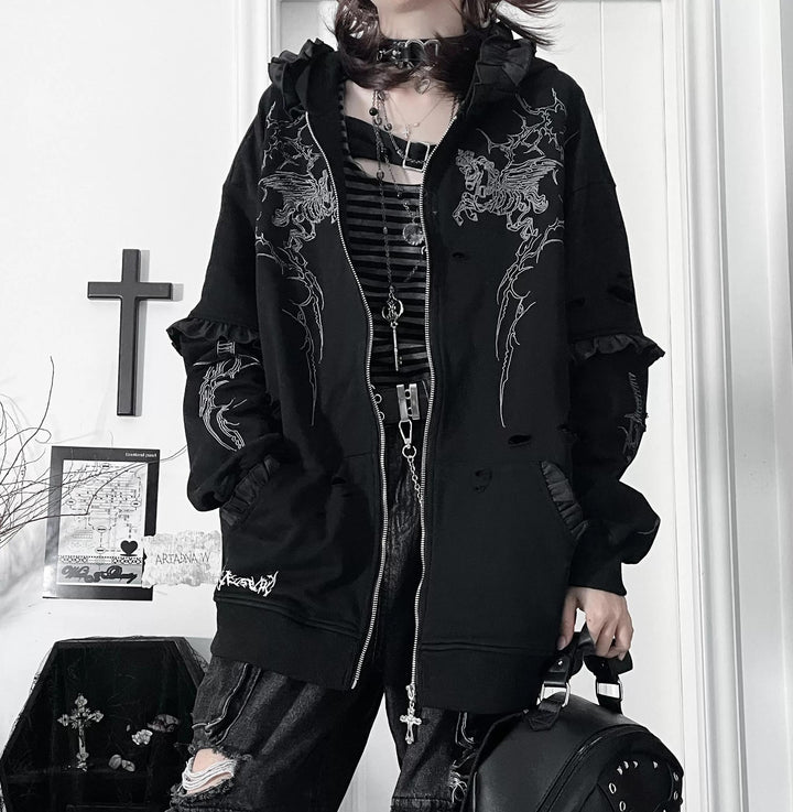 Punk Hooded Jacket, Ripped Details & Horse Embroidery 45939:871834