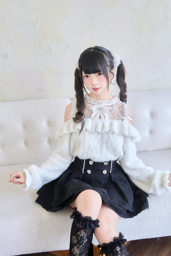 Jirai Kei Sweater Lace Frill Collar Knit Sweater With Bow 41680:711724