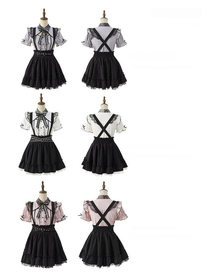Black Jirai Kei Skirt Heart Buckle Cross-Strap Overalls 31996:397346