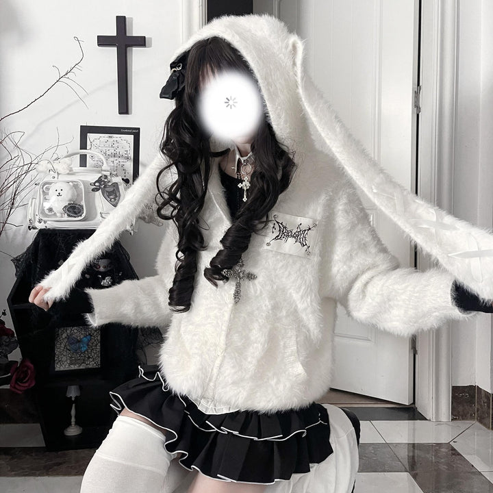 White/Black Knitted Coat, Long Bunny Ear Hood 44334:804916