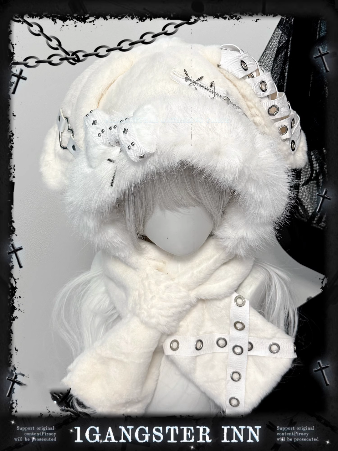 Punk Hat Y2K Plush Hat White Bunny Ear Hat 41874:723002