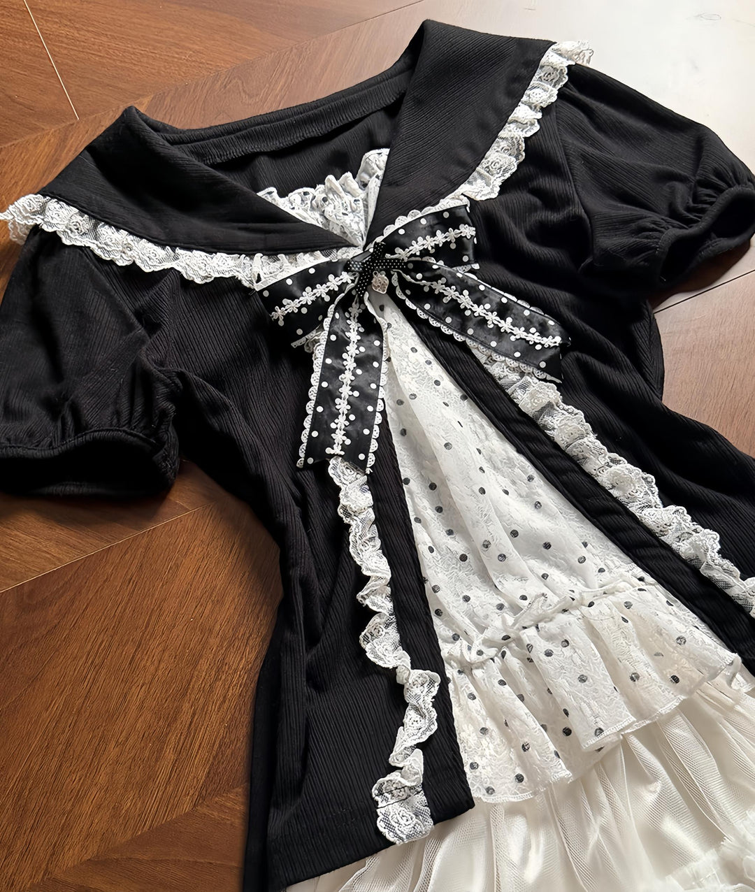 Sweet Polka Dot Sailor Collar Blouse, Elastic Waist Skirt 45346:850200