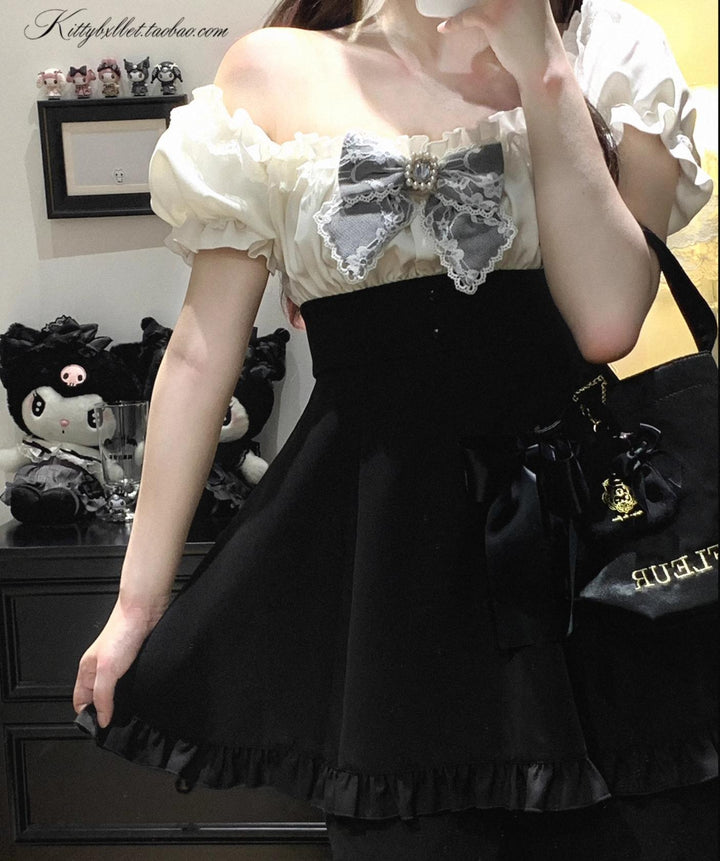 Puff Sleeve Jirai Kei Dress with Lace Bow and Shorts 43072:766143