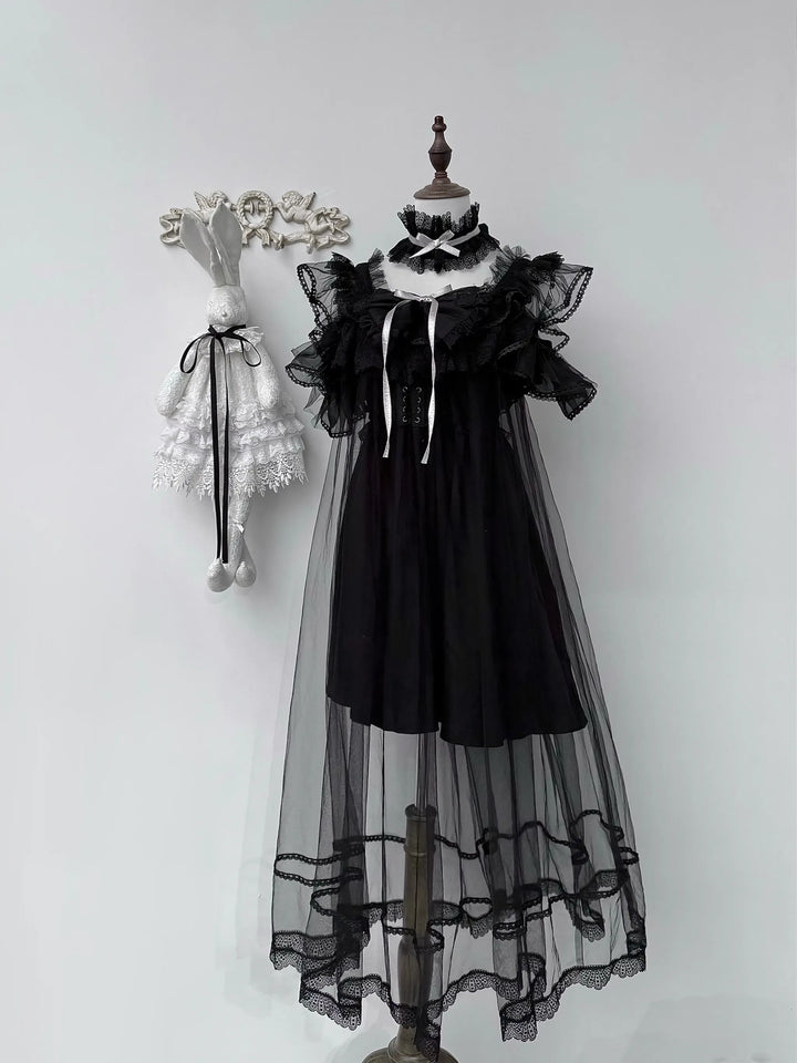 Jirai Kei Open Shoulder Dress, Detachable Tulle Overlay 45341:846491