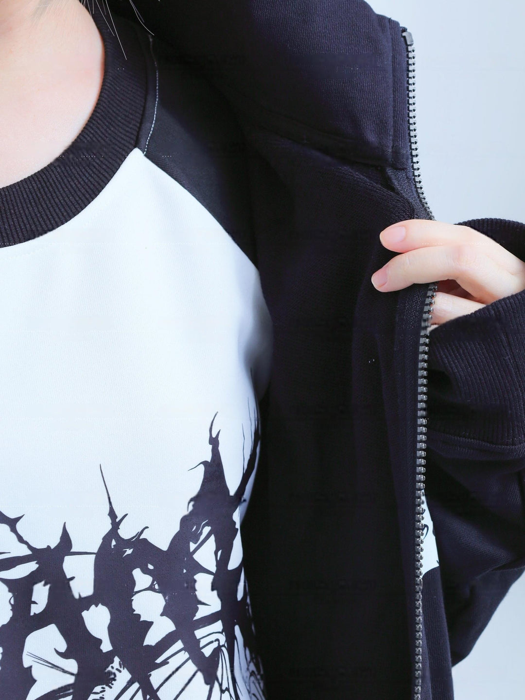 Black & White Jirai Kei Coat Gothic Punk Zipper Sweatshirt 42453:743328