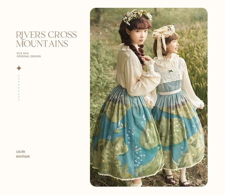 Lolita Dress Rivers Cross Mountains Print Lolita Dress Set 39412:627106