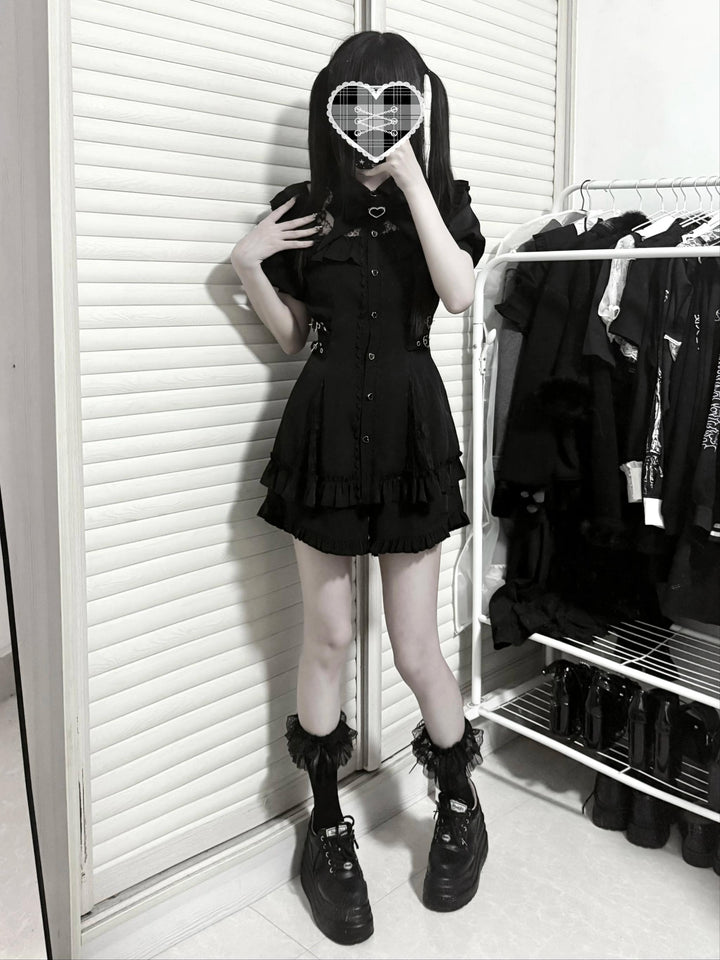 Black Jirai Kei Set Up, Sheer Lace Neckline (Black / L M S XL) 45747:861638