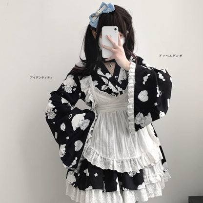 Tenshi Kaiwai Patchwork Skirt Kimono Top White Apron Three-Piece Set 36786:536912