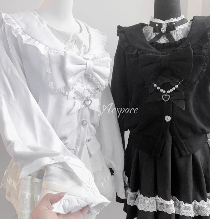 Jirai Kei Jacket Sailor Collar Coat With Lace Bow and Peal Chain 42148:730702